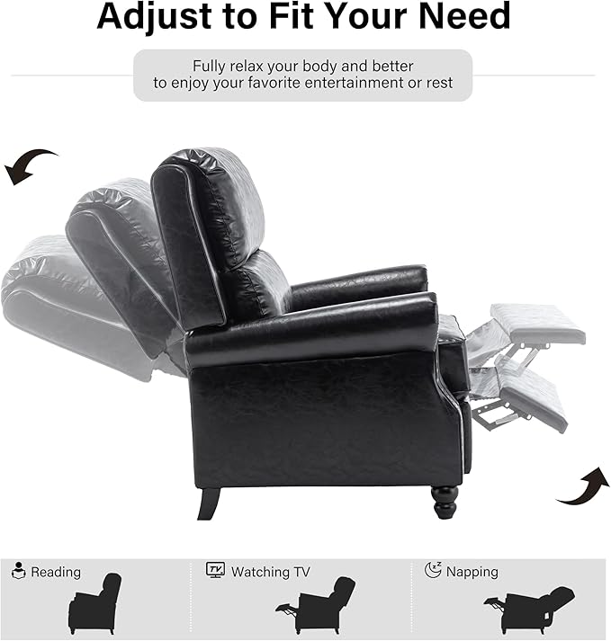 Faux Leather Recliner Chair, Modern Pushback Armchair with Adjustable Backrest & Footrest for Bedroom, Living Room, Black, Set of 1