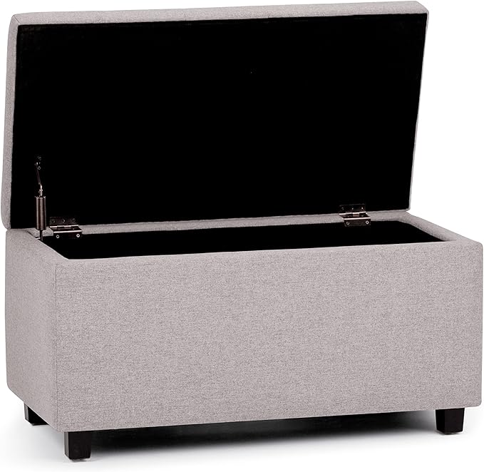 SIMPLIHOME Cosmopolitan 34 inch Wide Transitional Rectangle Storage Ottoman in Cloud Grey Linen Look Fabric, Assembled, For the Living Room, Entryway and Family Room