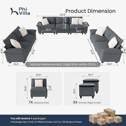 PHI VILLA Cloud Modular Couches Sets, 3 Pieces Large Sectional Sofa Set with Loveseats, 7-Seater Upholstered Couch for Living Room, Chenille Fabric, Dark Cyan