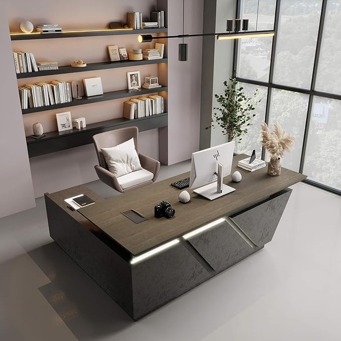 78.74" Adjustable Height L-Shaped Executive Desk with LED Light Strip - Black Inverted Trapezoid Design, Includes Storage Cabinet with Drawers & Doors, Ergonomic Standing Office Desk for Home & Office