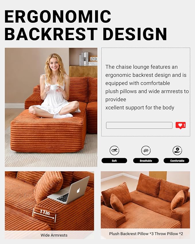108" Cloud Sectional Couch,Modern Modular Sectional Sofa with Deep Seat,Corduroy Boneless Couches with L-Shape Chaise for Living Room,No Assembly Required (Orange, Left Facing Chaise + Ottoman)