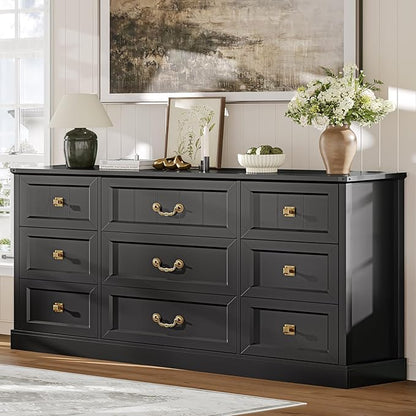 AOGLLATI Farmhouse 9 Drawers Dresser for Bedroom, 63" Wide Wood Rustic Chest of Drawers with Natural Texture, Vintage Design, Long Wide Storage Dresser for Bedroom, Black