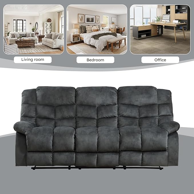 EBELLO Reclining Couch for Living Room, Extra Wide Modern Overstuffed 3 Seat Recliner Manual Sofa Breathable Fabric and Padded Cushion, Grey Green