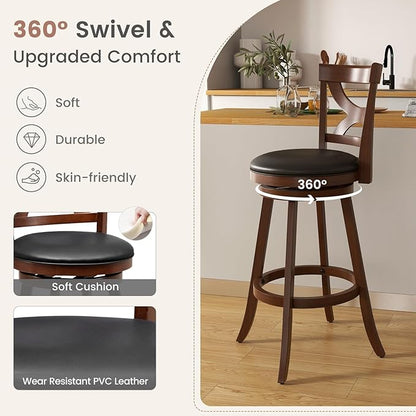 COSTWAY Bar Stools Set of 2, 30.5” 360-Degree Swivel Chairs with Soft Cushion & Elegant Hollow Backrest, Rubber Wood Footrests, Upholstered Swivel Bar Stools for Kitchen Island, Pub, Café (2, 30.5‘’)