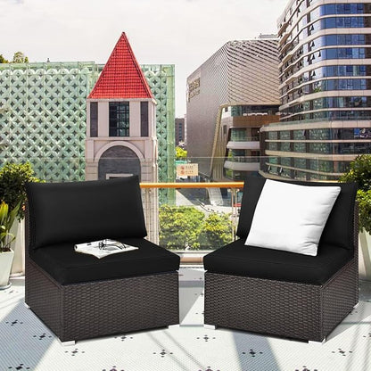 COSTWAY 2PCS PE Rattan Armless Sofa, Wicker Patio Conversation Set Chairs with Soft Cushion, Outdoor Sectional Furniture for Yard, Poolside (Black)