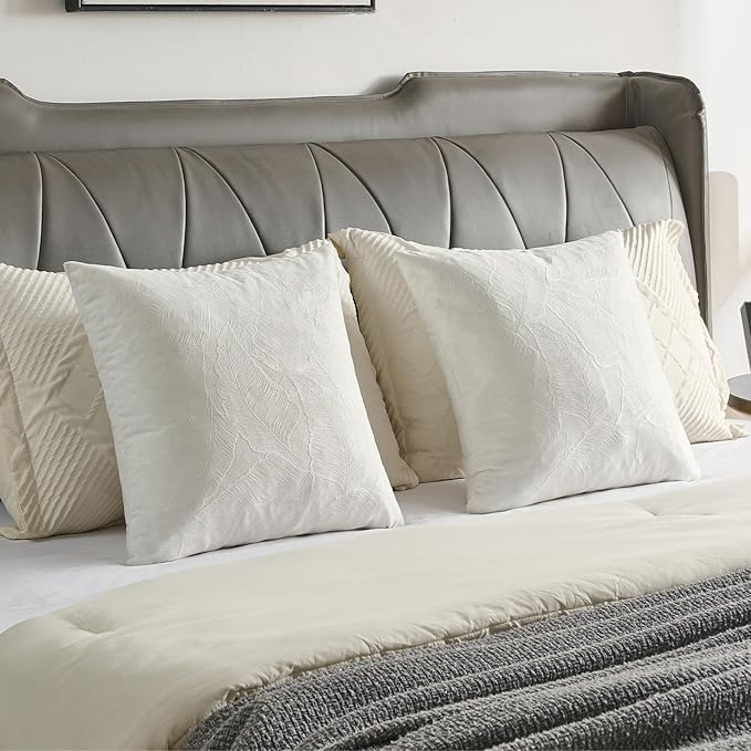 FUTEI Cream Velvet Throw Pillow Covers 12x20 Inch Set of 2,Soft Embossed Leaf-Relief Textured Lumbar Pillow Cases,Natural Home Decor for Couch Living Room