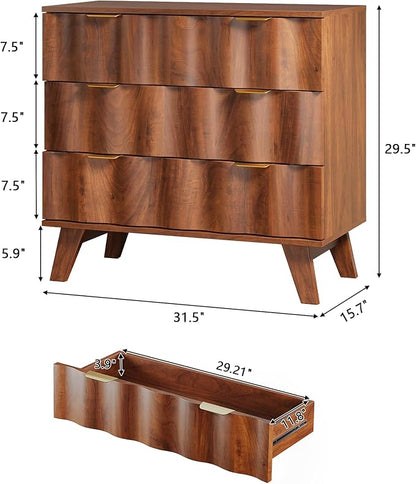 3 Drawer Dresser, Fluted Chest of Drawers with Handles for Closet, Large Nightstand with 3 Drawers Accent Cabinet for Bedroom, Living Room, Hallway (Walnut)