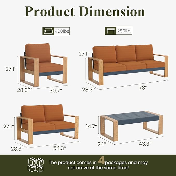 LayinSun 5 Pieces Aluminum Patio Furniture Set with Coffee Table, Oversized Seat with Hight Back, Outdoor Conversation Sets for Porch, Balcony, Deck