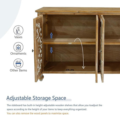 Accent Cabinet with 4 Doors, Hollow Carved Storage Sideboard, Wood Buffet Cabinet for Living Room, Dining Room, Entryway (4-Door 2 Compartment)