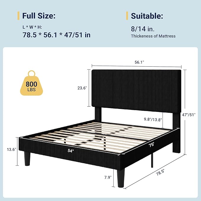 Allewie Full Size Upholstered Bed Frame with Vertical Channel Tufted Headboard, Soft Corduroy Fabric Platform Bed, Strong Wooden Slats Support, Easy Assembly, No Box Spring Needed, Black