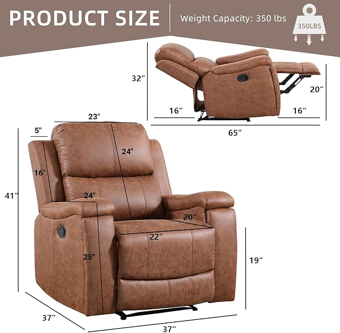 Leather Recliner Chair, Manual Recliner Chair for Adults with Overstuffed Arms and Back, Single Sofa Recliner with Cup Holders for Living Room Set of 2, Brown