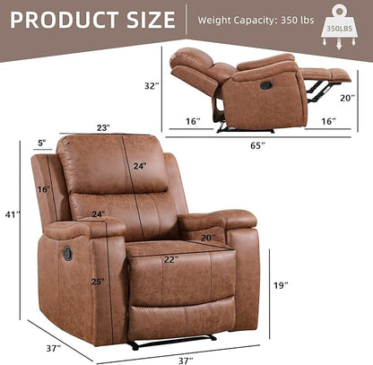 Leather Recliner Chair, Manual Recliner Chair for Adults with Overstuffed Arms and Back, Single Sofa Recliner with Cup Holders for Living Room Set of 2, Brown