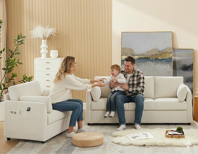 Living Room Sofa Set, Corduroy 3-Seat Couch with Set of 2 Accent Side Chairs, Soft Pillows and Side Pockets, Modern Living Room Furniture Sets for Apartment, Small Spaces, Beige