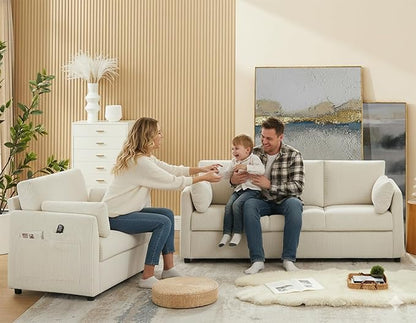 Living Room Sofa Set, Corduroy 3-Seat Couch with Set of 2 Accent Side Chairs, Soft Pillows and Side Pockets, Modern Living Room Furniture Sets for Apartment, Small Spaces, Beige