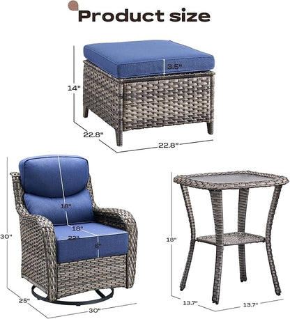 Rilyson Wicker Outdoor Patio Furniture Set - 5 Piece Patio Conversation Sets with Swivel Rocker Chairs, Ottomans and Side Table, 6 inch Cushions, Waterproof Wicker, for Porch Deck Mixed Grey/Blue