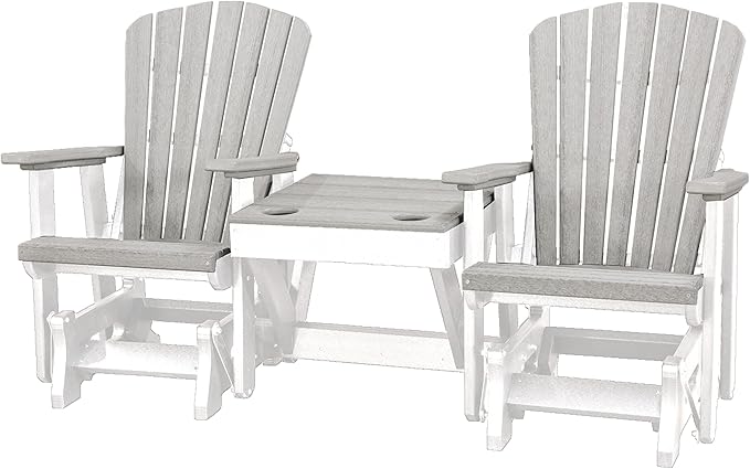 DutchCrafters Slat Fan Back Double Poly Adirondack Glider Outdoor Patio Chairs with Center Table (White & Light Gray)
