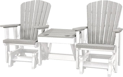 DutchCrafters Slat Fan Back Double Poly Adirondack Glider Outdoor Patio Chairs with Center Table (White & Light Gray)