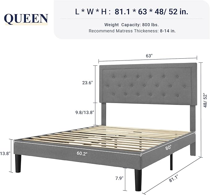 Allewie Queen Size Upholstered Platform Bed Frame with Adjustable Headboard, Button Tufted, Wood Slat Support, Easy Assembly, Light Grey