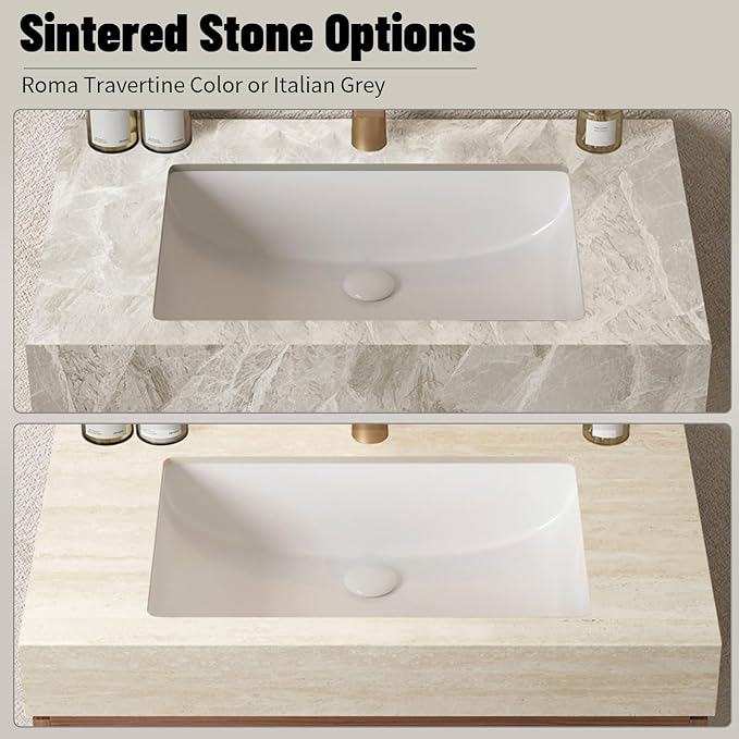 48 Inch Floating Bathroom Vanity with Sink, Wall-Mounted Bathroom Vanity with Drawer and 2 Doors, Roma Travertine-Pattern Countertop and Ceramic Basin, Pre-Assembled, White Oak