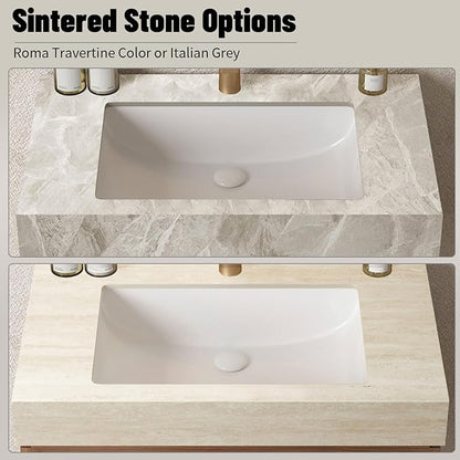 48 Inch Floating Bathroom Vanity with Sink, Wall-Mounted Bathroom Vanity with Drawer and 2 Doors, Roma Travertine-Pattern Countertop and Ceramic Basin, Pre-Assembled, White Oak