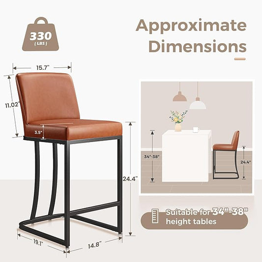 MAISON ARTS Counter Height Bar Stools with Back Set of 2 for Kitchen Counter, 24 Inch Modern Upholstered Faux Leather Barstools Farmhouse Bar Chairs Luxury Island Stools Support 330LBS, Brown
