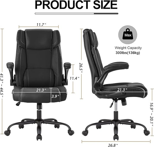 Office Desk Chair,Ergonomic Conference Room Chairs,Mid Back Executive Leather Chair,Comfy Computer Desk Chairs with Adjustable Flip-Up Arms and Rocking Function (Black)