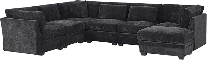 Christopher Knight Home Zery 7-Piece U-Shape Lounge Sofa Couch with Ottomans, Modern Modular Sectional Sofa Set with Pillow Back for Living Room, Chenille Upholstered Cloud Couch with Deep Seat,Black