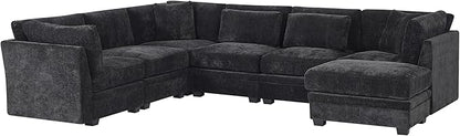 Christopher Knight Home Zery 7-Piece U-Shape Lounge Sofa Couch with Ottomans, Modern Modular Sectional Sofa Set with Pillow Back for Living Room, Chenille Upholstered Cloud Couch with Deep Seat,Black