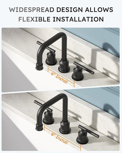 3 Hole Bathroom Faucet Black: WOWOW 8 Inch Bathroom Sink Faucet Widespread, Two Handle Vanity Taps with Pop-up Drain and Supply Lines, 360 Swivel Lavatory Tap High Arc Modern (2 Sets)