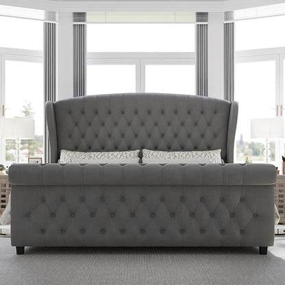AMERLIFE Queen Size Platform Bed Frame, Velvet Upholstered Sleigh Bed with Scroll Wingback Headboard & Footboard/Button Tufted/No Box Spring Required/Grey