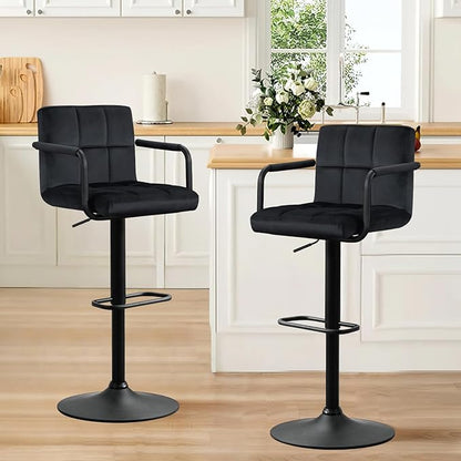Furniliving Swivel Bar Stools Set of 4, Adjustable Kitchen Counter Height BarStools with Arms, Velvet Upholstered Bar Chair with Back and Footrest for Dining Room, Kitchen, Pub, Bar (Black)