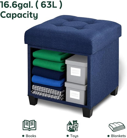 17.7" Ottoman with Storage, Square Storage Ottoman for Dorm, Linen Ottomans with Legs for Living Room, Bedroom, Blue