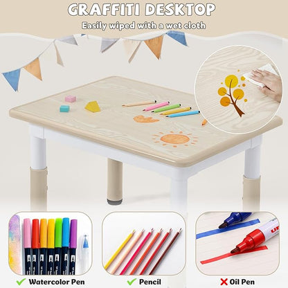 Adjustable Kids Table Chairs Set – Graffiti Desktop, Multi-Activity Height-Adjustable Toddler Study Desk for Ages 3-8 – Ideal for Home, Classroom, Daycare (W-Wood, 4 Chairs-31.5" L x 23.6" W)
