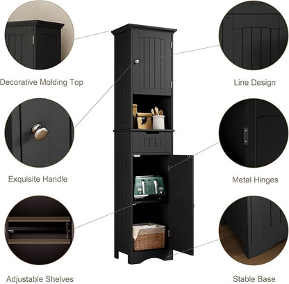 ChooChoo 67" Tall Bathroom Storage Cabinet, Narrow Bathroom Cabinet with 2 Doors and 1 Drawers, Freestanding Cupboard Floor Cabinet with Adjustable Shelves for Living Room, Kitchen, Black
