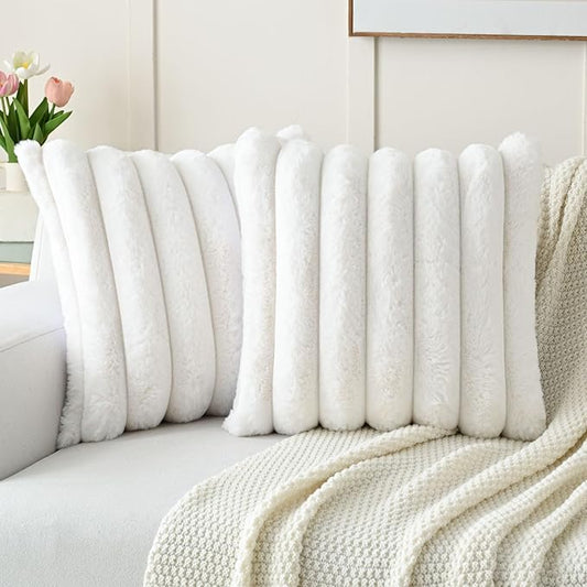FUTEI Cream White Decorative Throw Pillow Covers 22x22 Inch Set of 2, Square Soft Faux Rabbit Fur Thick Striped Cushion Cover,Winter Home Decor for Couch Bed Living Room