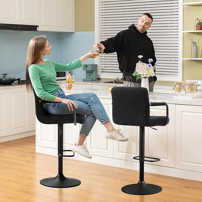 Furniliving Swivel Bar Stools Set of 4, Adjustable Kitchen Counter Height BarStools with Arms, Sherp Upholstered Bar Chair with Back and Footrest for Dining Room, Kitchen, Pub, Bar (Black)