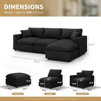 Modern Sectional Linen Cloud Couch for Living Room L Shape Modular Filled-Down Sofas,Detachable Couch Cushion Covers,Cozy Feather Down Sofa for Apartment Black