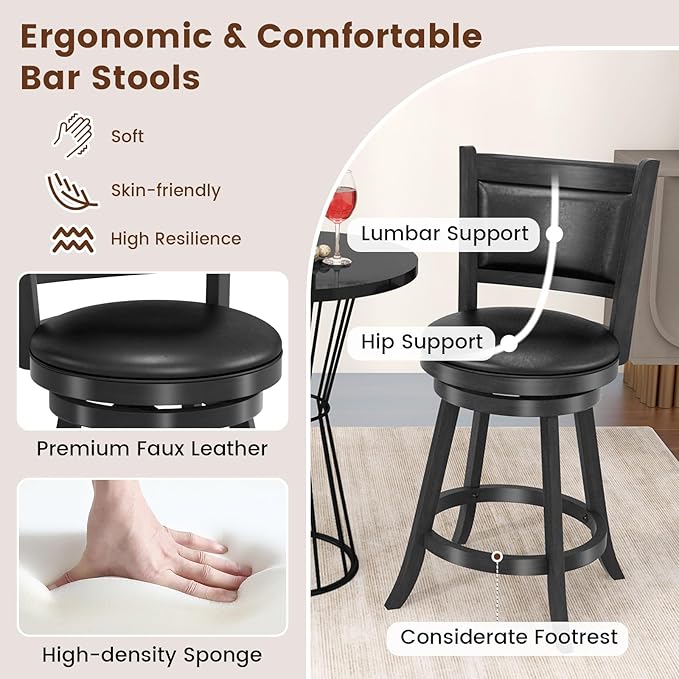 COSTWAY Bar Stools Set of 4, 360 Degree Swivel, 24" Accent Wooden Swivel Seat Counter Height Bar Stool, Leather Upholstered Design, PVC Cushioned Seat, Perfect for Dining and Living Room (Height 24")