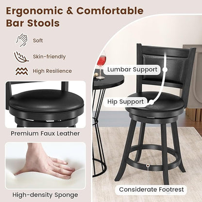 COSTWAY Bar Stools Set of 4, 360 Degree Swivel, 24" Accent Wooden Swivel Seat Counter Height Bar Stool, Leather Upholstered Design, PVC Cushioned Seat, Perfect for Dining and Living Room (Height 24")