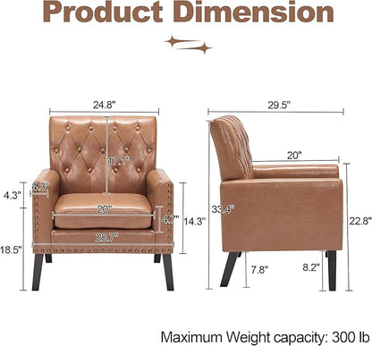 Mid Century Modern Accent Chair, Light Brown Faux Leather Office Chair for Reception - Brown Leather Club Chair for Living Room, Bedroom, or Waiting Room