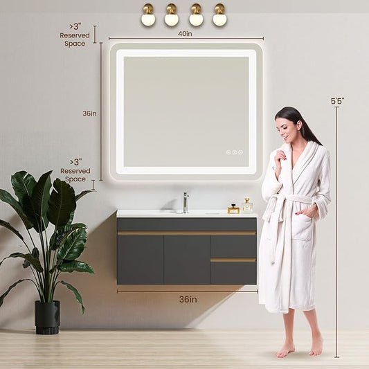 40" x 36" Led Bathroom Mirror with Lights, Anti-Fog & Tri-Color Lighting - Wall Mounted Shaving Mirror with Touch Sensor, Waterproof & Smart LED Vanity Mirror,Tempered Glass, Dimmable Smart Mirror