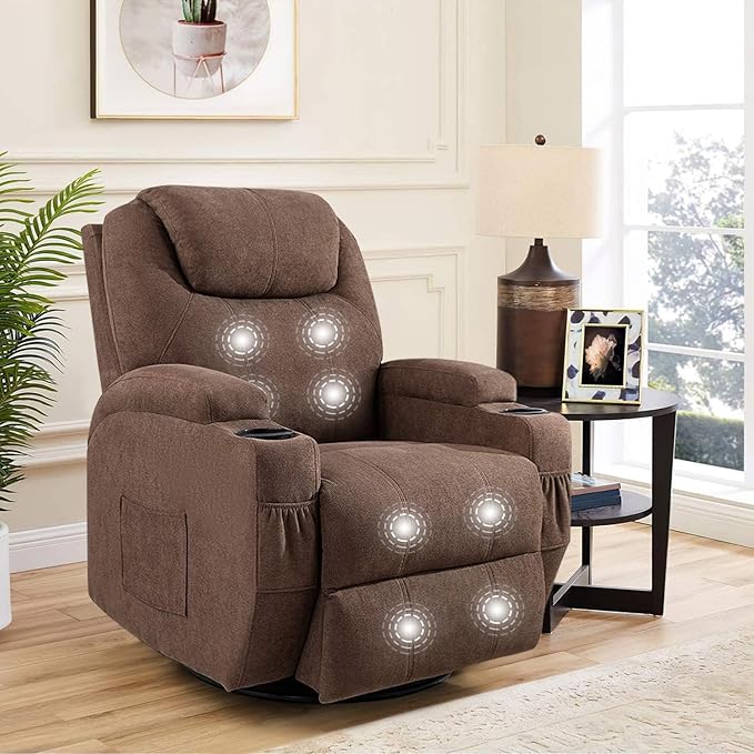 Flamaker Rocking Chair Recliner Chair with Massage Swivel Ergonomic Lounge Chair Classic Single Sofa with 2 Cup Holders Side Pockets Living Room Chair Home Theater Seat (Brown)