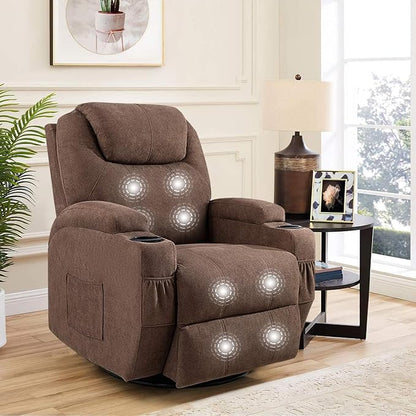 Flamaker Rocking Chair Recliner Chair with Massage Swivel Ergonomic Lounge Chair Classic Single Sofa with 2 Cup Holders Side Pockets Living Room Chair Home Theater Seat (Brown)