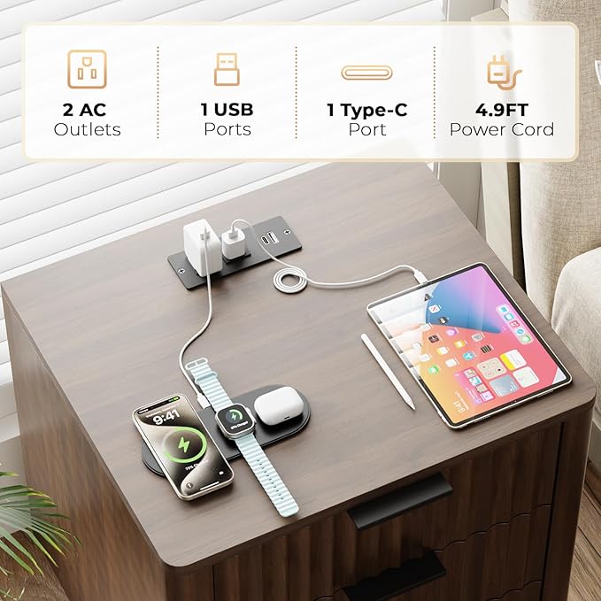 Fluted Nightstand Set of 2, Multifunctional 3 Drawers Storage Bedside Table with Charging Station, Wood Modern Nightstand, Curved Profile Design, End Table for Indoor Room Bedroom, Walnut