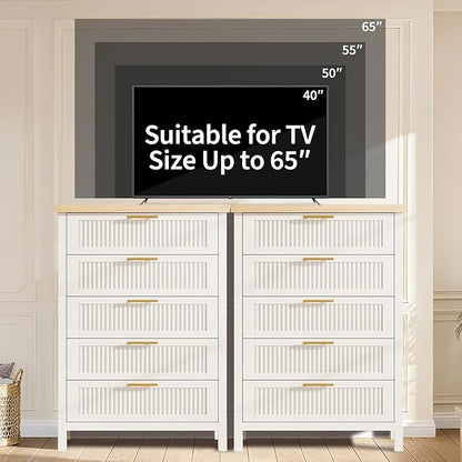 GarveeHome Fluted 5 Drawer Tall Dresser for Bedroom, 42.9 in Chest of Drawers, Wooden Dresser Chest with Clothes Storage Cabinet, Drawer Organizer, TV Stand for Bedroom, Living Room, Hallway, White