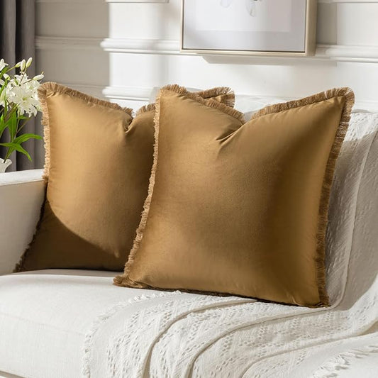 FUTEI Brown Velvet Decorative Throw Pillow Covers 26x26 Set of 2,Soft Cozy Edge with Tassels Euro Pillow Shams,Boho Modern Home Decor for Couch Bed Living Room