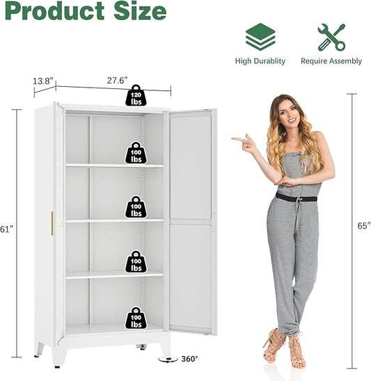Bathroom Storage Cabinet Freestanding, 61" Tall Metal Cabinets with Doors and Shelves, White Metal Pantry Cabinet for Kitchen, Living Room, Home Office