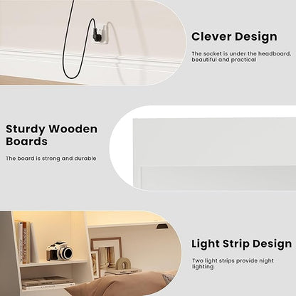 Queen/Full Headboard Queen Size with Storage, Wood Bookcase Headboard with Charging Station & 2 LED Lights, Modern Headboard Only for Queen Size Bed, Noise-Free, Sturdy and Durable, White