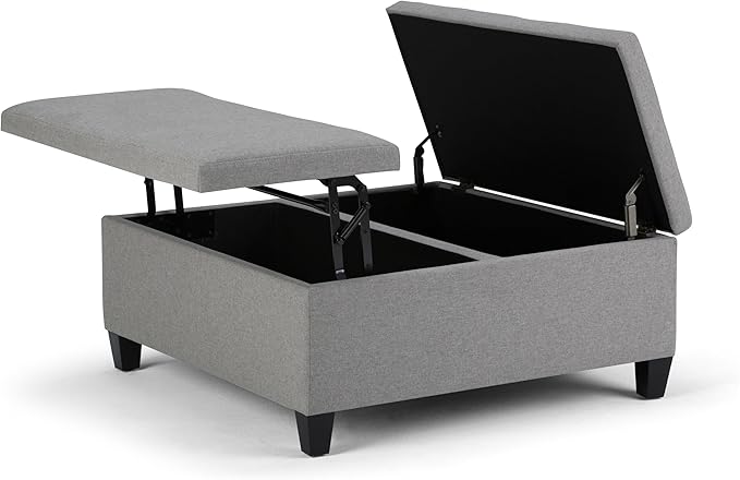 SIMPLIHOME Ellis 36 inch Wide Contemporary Square Coffee Table Storage Ottoman in Dove Grey Linen Look Fabric, Assembled, For the Living Room and Bedroom