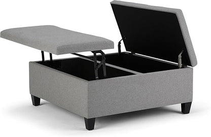 SIMPLIHOME Ellis 36 inch Wide Contemporary Square Coffee Table Storage Ottoman in Dove Grey Linen Look Fabric, Assembled, For the Living Room and Bedroom